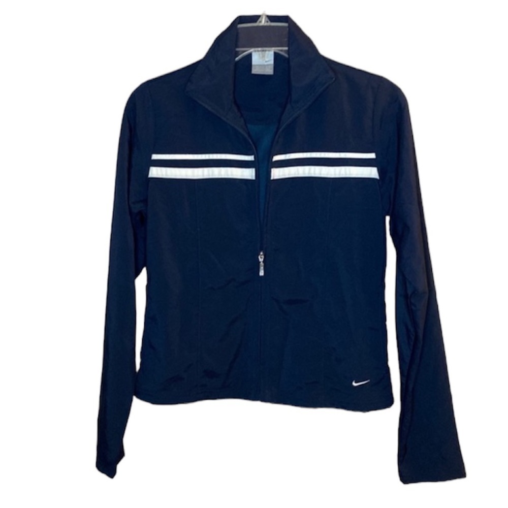 Nike Navy Blue Zipper Women’s Windbreaker w/ Double White Strips Sz XS